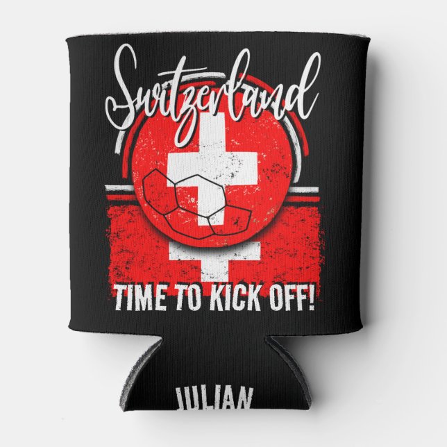 Football Switzerland Flag, Swiss Sports Fan Soccer Can Cooler (Front)