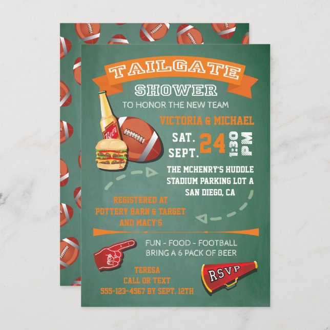 Football Tailgate Shower green chalkboard Invite (Front/Back)