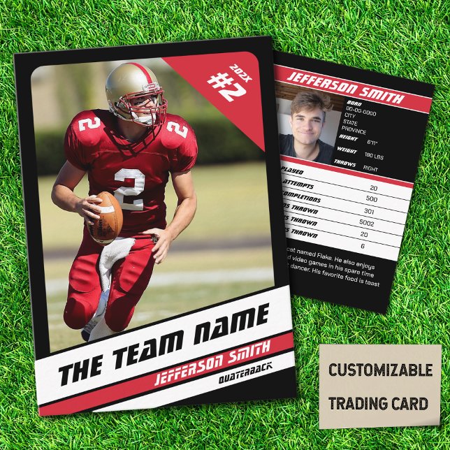 Football Team Trading Card Sport Gift Black Red (American Football Player Trading Card in Black with Custom Team and Player Name with Red Stripes
)