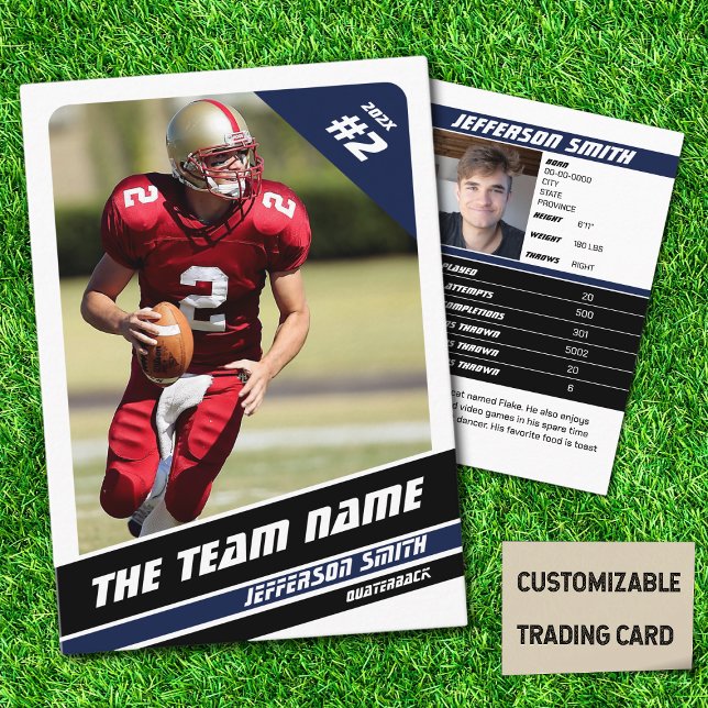 Football Team Trading Card Sport Gifts Idea Blue (American Football Player Trading Card in White with Custom Team and Player Name with Blue Stripes
)
