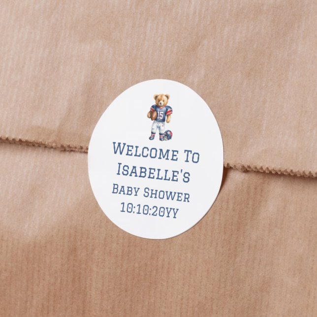 Football Teddy Bear Baby Shower Welcome  Classic Round Sticker (Creator Uploaded)