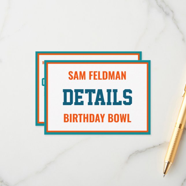 Football Theme Aqua Blue & Orange Birthday Detail Enclosure Card (Front/Back In Situ)