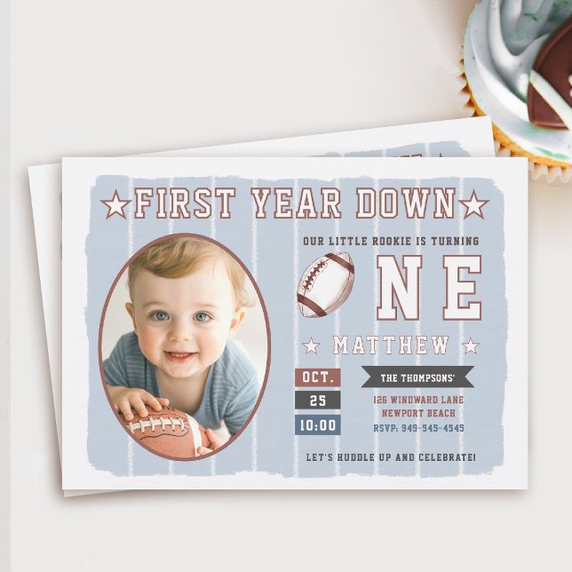 Football Theme Dusty Blue Stripes Boy 1st Birthday Invitation (first year down football birthday invitation photo sports boy blue white stripes 1st party invite)