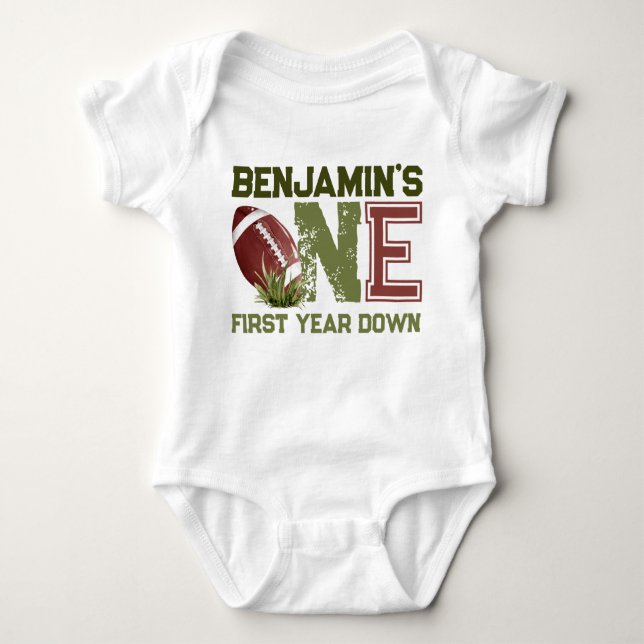 Football Theme First Year Down Birthday Baby Bodysuit (Front)
