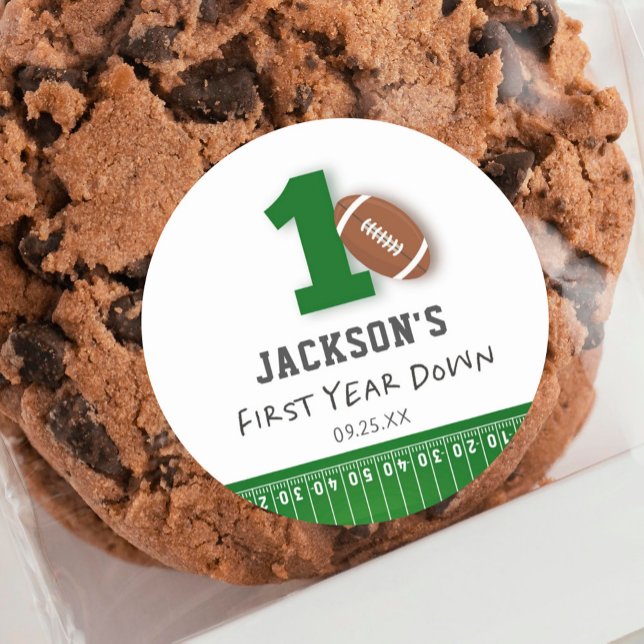 Football Theme First Year Down Birthday Favour Classic Round Sticker (Creator Uploaded)