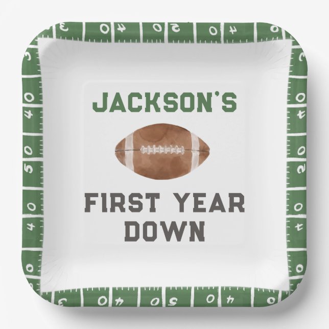 Football Theme First Year Down Birthday Paper Plate (Front)