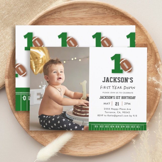 Football Theme First Year Down Birthday Photo Invitation (Creator Uploaded)