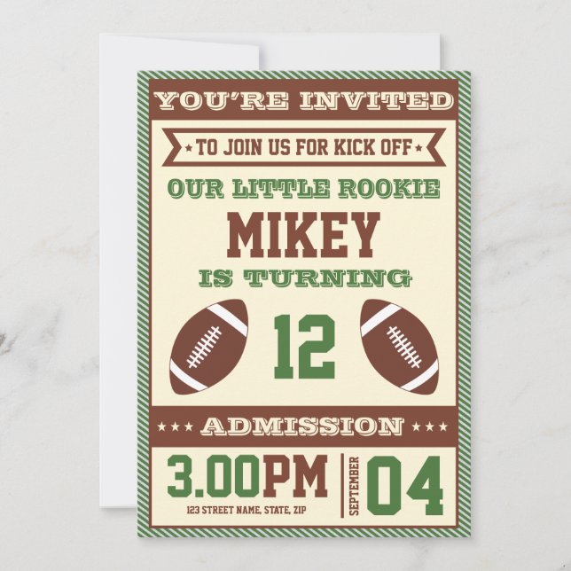 Football Themed Birthday Party Invitation (Front)