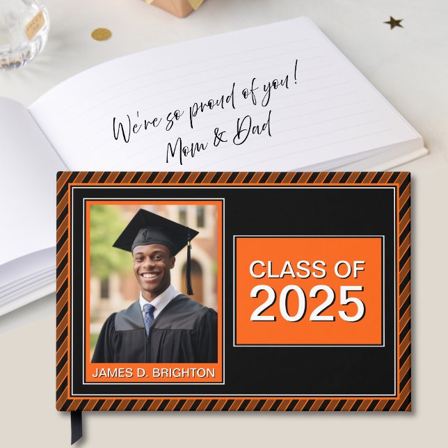 Football Themed Orange Black Photo Graduation Guest Book (Creator Uploaded)