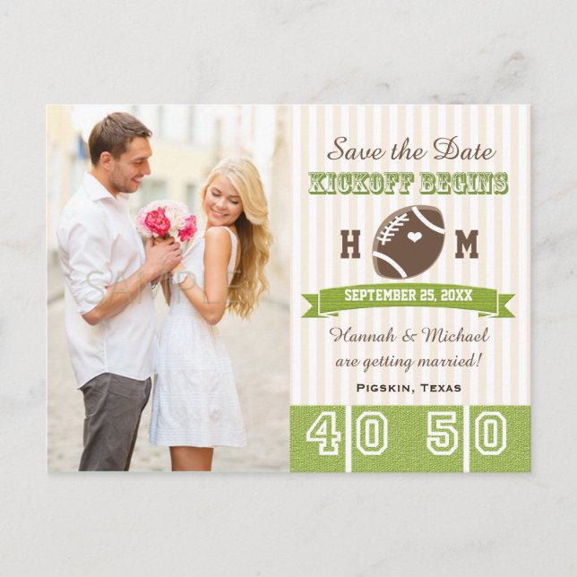 Football Themed Wedding Save the Date Announcement Postcard (Front)