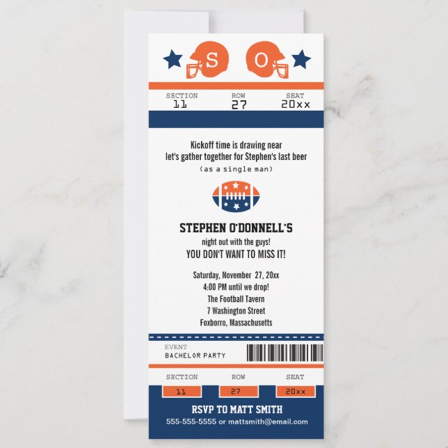 Football Ticket Bachelor Party Invitation (Front)