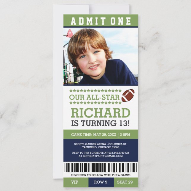 Football Ticket Birthday Invites (Front)