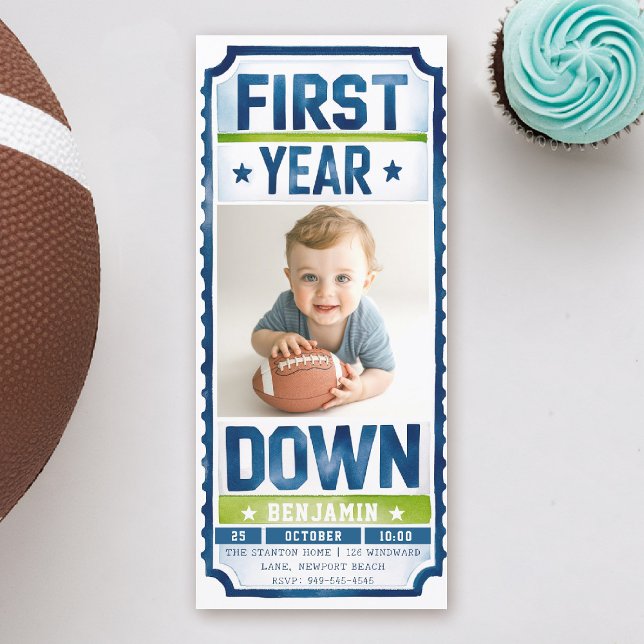 Football Ticket Boy Photo Blue Green 1st Birthday Invitation (boy 1st birthday invitation photo football first year down sports ticket blue green game time)