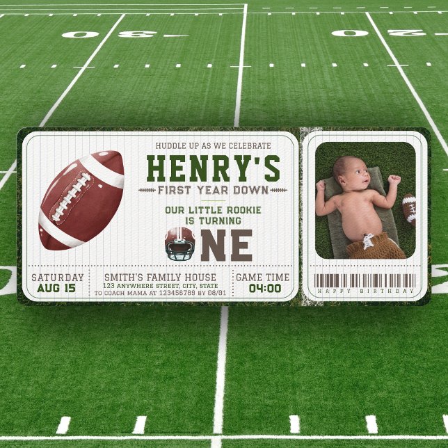 Football Ticket First Year Down 1st Birthday Photo Invitation (First year down - photo birthday invitation)