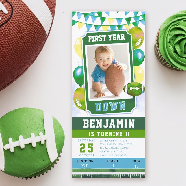 Football Ticket Green Boy 1st Birthday Invitation (first year down football birthday invitation photo watercolor sports ticket boy blue green balloons)