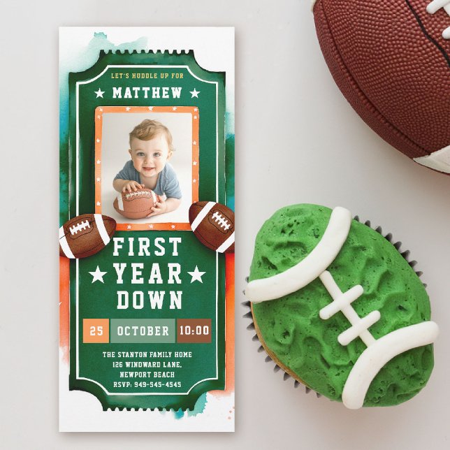 Football Ticket Green Photo Boy 1st Birthday Invitation (first year down football birthday invitation photo watercolor sports ticket boy green orange)