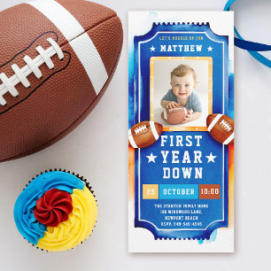 Football Ticket Photo Blue Yellow Boy 1st Birthday Invitation