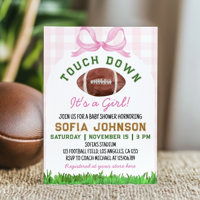 Football Touchdown It's A Girl Pink Baby Shower Invitation (Creator Uploaded)