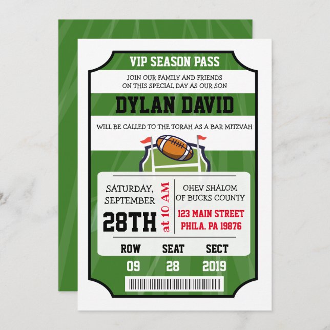FOOTBALL VIP TICKET Bar Bat Mitzvah Invitation (Front/Back)