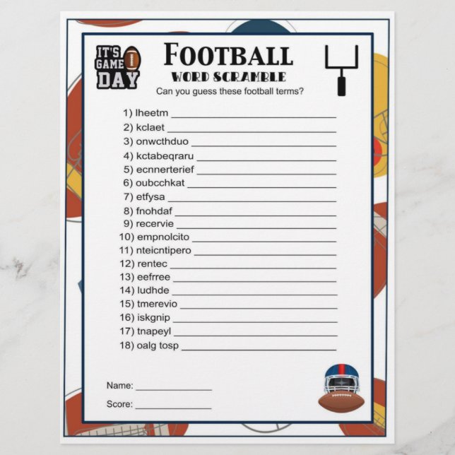 Football Word Scramble-Football Party Game For Kid Custom Letterhead (Front)