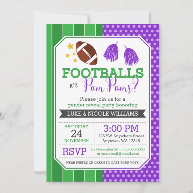 Footballs or Pom Poms Purple Gender Reveal Party Invitation (Front)