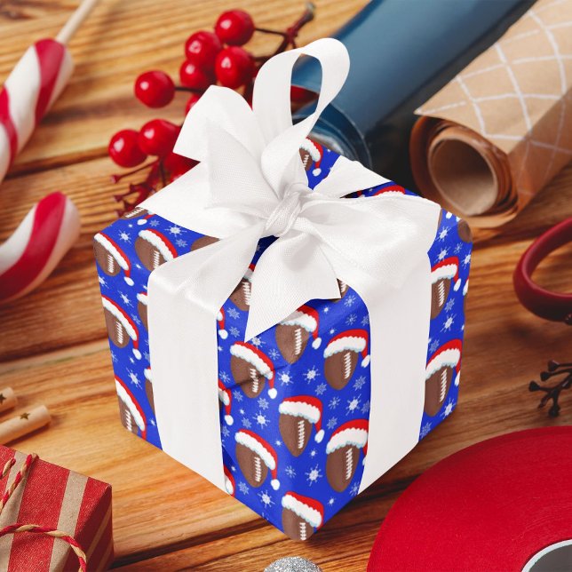 Footballs Santa's Hat & Snowflakes Blue Wrapping Paper (Creator Uploaded)