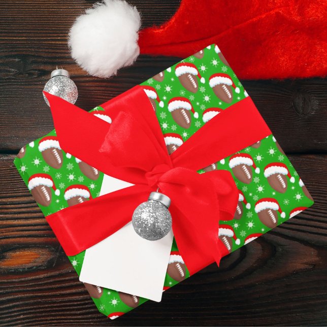 Footballs Santa's Hat & Snowflakes Green Wrapping Paper (Creator Uploaded)