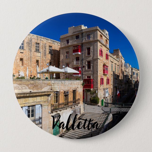 Footbridge, narrow street with stairs in Valletta 10 Cm Round Badge (Front)
