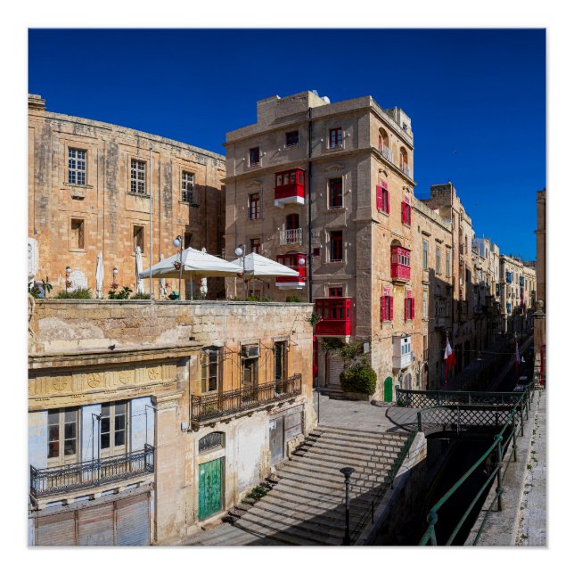 Footbridge, narrow street with stairs in Valletta Poster (Front)