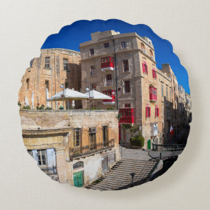 Footbridge, narrow street with stairs in Valletta Round Cushion