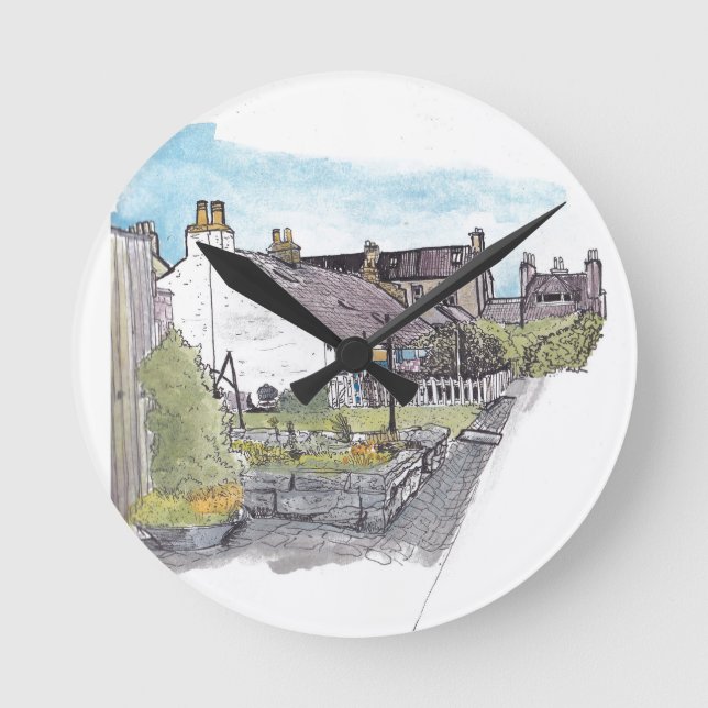 Footdee Aberdeen Fishing Village Watercolor Round Clock (Front)