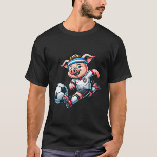 Footll Pig Mascot Playing Soccer Cartoon Striker  T-Shirt
