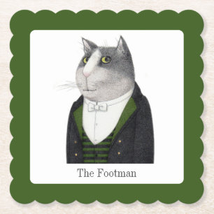 FOOTMAN CAT Scalloped Square Paper Coasters + Text