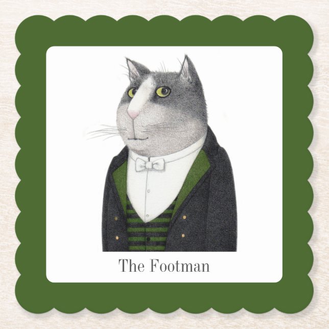 FOOTMAN CAT Scalloped Square Paper Coasters + Text (Front)