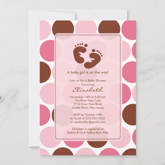 Footprint Baby Shower Invitation Pink Polka Dots (Front)