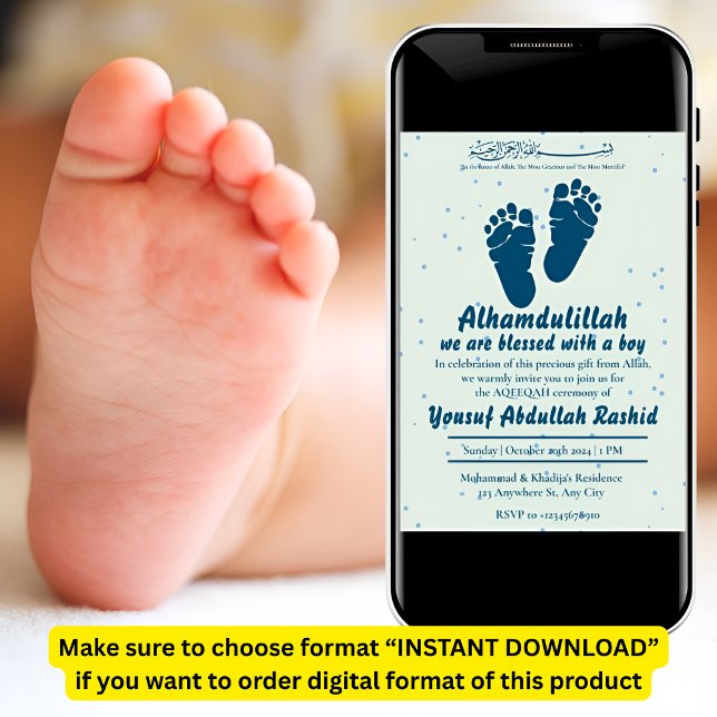 Footprint Newborn Baby Boy Muslim Aqiqah Invitation (Creator Uploaded)
