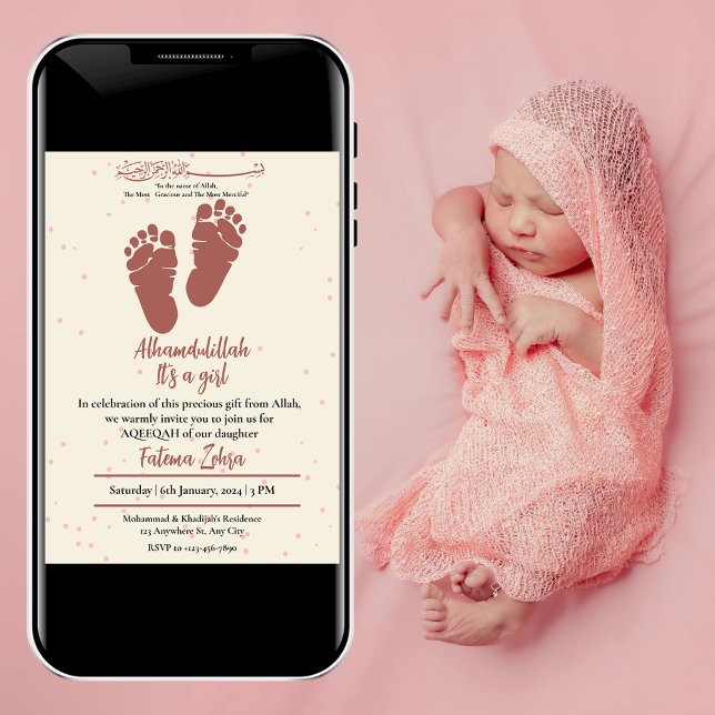 Footprint Pink Baby Girl Muslim Aqiqah Aqeeqa Invitation (Creator Uploaded)