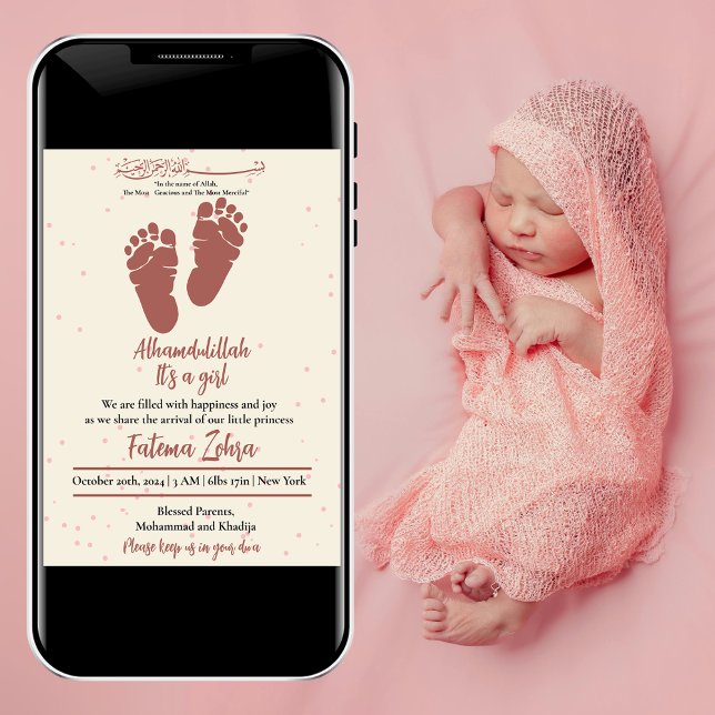 Footprint Pink Baby Girl Muslim Birth Announcement (Creator Uploaded)