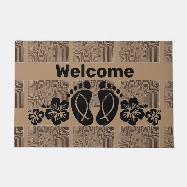 Footprints and Hibiscus Welcome Doormat (Front)