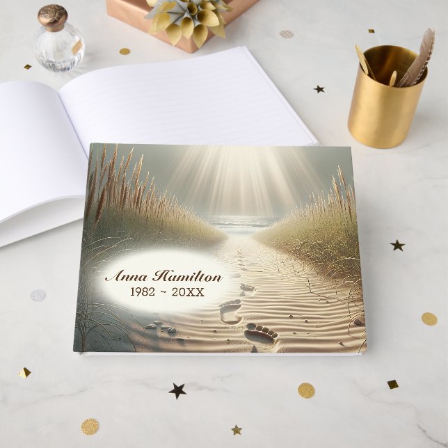 Footprints In Beach Sand Memorial Service Guest Book (Front Open)