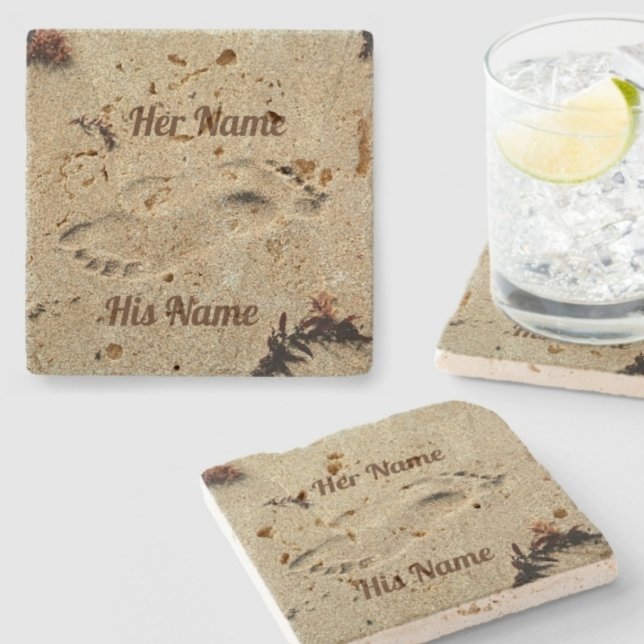 Footprints in Sand His and Her Names Natural Stone Coaster (Creator Uploaded)