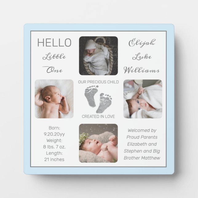 Footprints Multiple Photo Blue Birth Keepsake Plaque (Front)