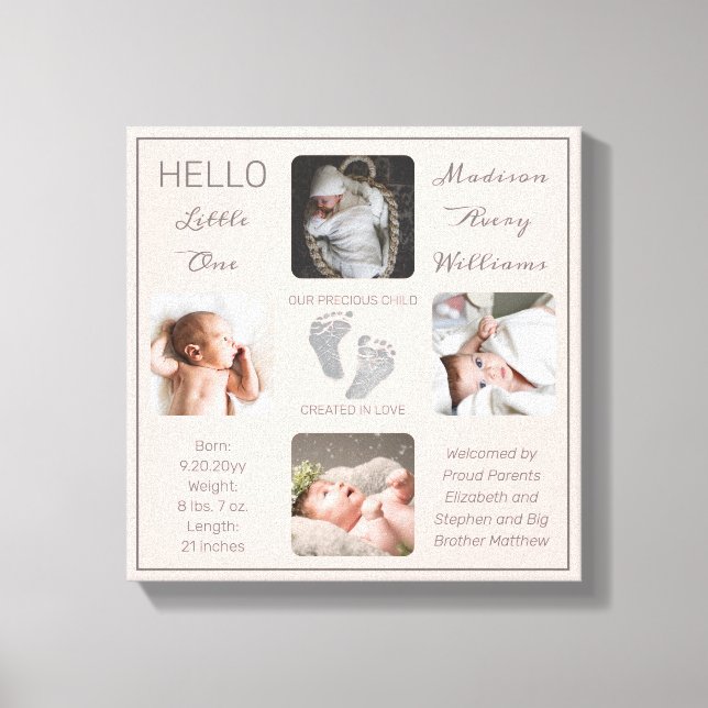 Footprints Multiple Photo Blush Birth Keepsake Canvas Print (Front)