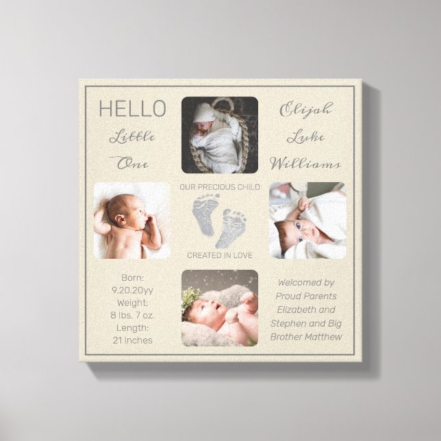 Footprints Multiple Photo Greige Birth Keepsake Canvas Print (Front)