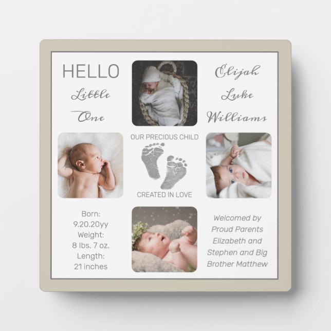 Footprints Multiple Photo Greige Birth Keepsake Plaque (Front)