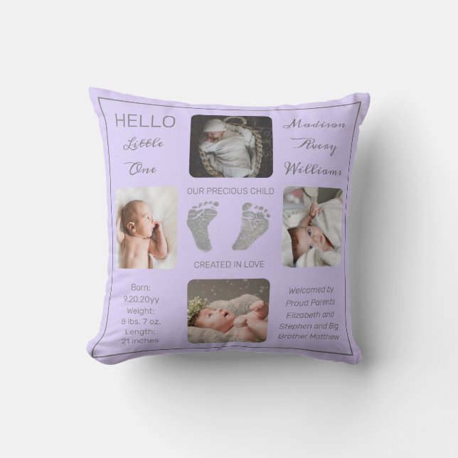 Footprints Multiple Photo Lavender Birth Keepsake  Cushion (Front)