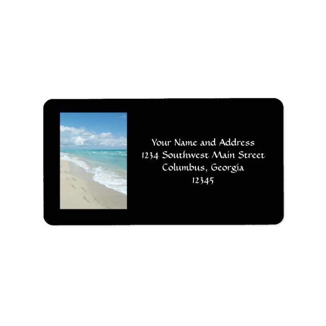 Footprints on White Sandy Beach, Scenic Aqua Blue Label (Front)