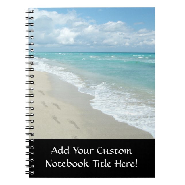 Footprints on White Sandy Beach, Scenic Aqua Blue Spiral Notebook (Front)