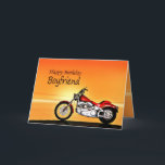 For a boyfriend, Motorcycle sunset birthday Card<br><div class="desc">A motorbike similar to a Harley standing by the sea with a glorious orange sunset. A great card for anybody who likes biking and motorcycles.See the whole range of cards for ages and relationships in my store. All artwork copyright Norma Cornes</div>