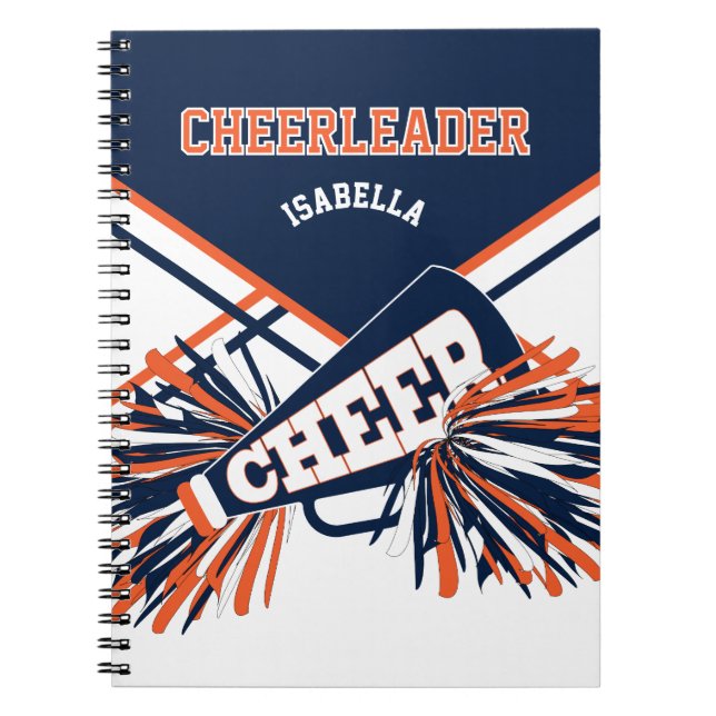 For a Cheerleader - Navy Blue, White & Orange Spiral Notebook (Front)
